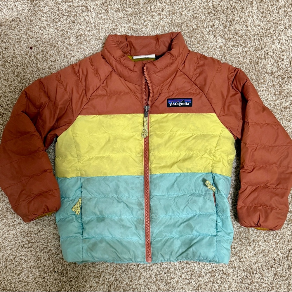 Patagonia Kids Tri-Tone Puffer Jacket - Rust, Mustard, Light Blue